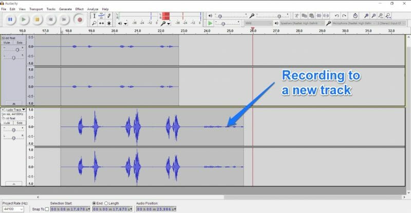 Recording to a new track in Audacity