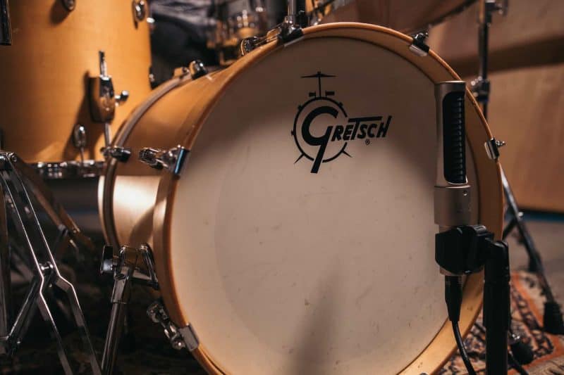 gretsch kick drum with microphone in front of it