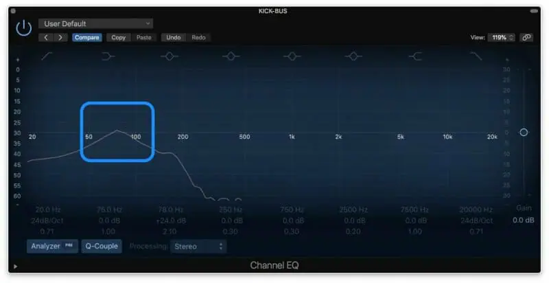 eq frequency analyzer showing content at 70 hz