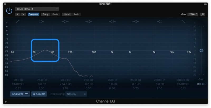 eq frequency analyzer showing content at 70 hz