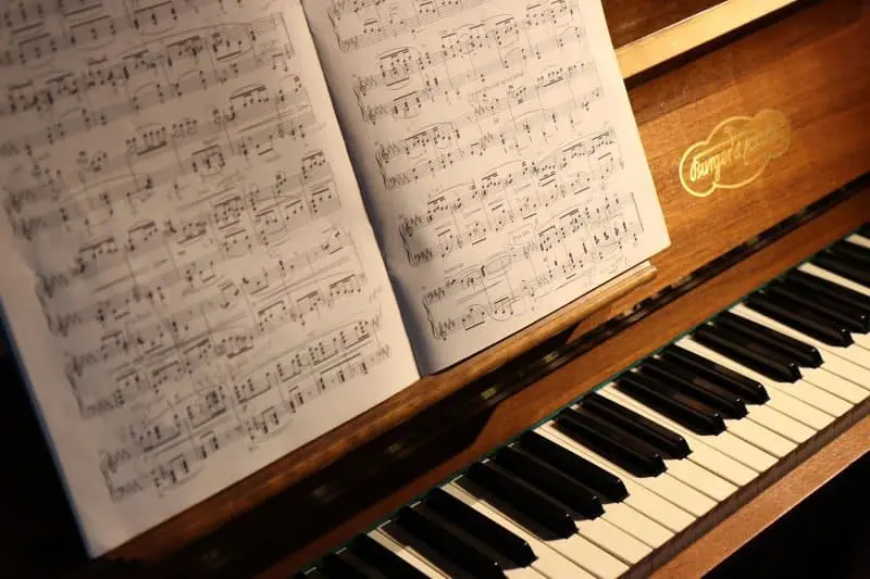 piano with music notation sheets
