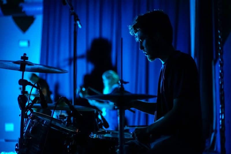 drum kit in blue room