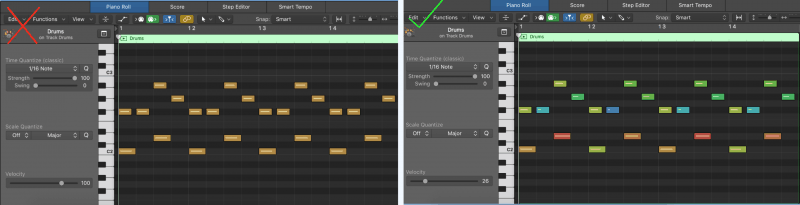 on the left, midi notes with the same velocity. on the right, midi notes with different velocities