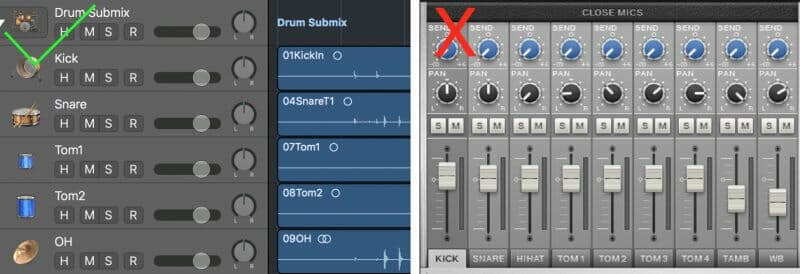 mixing drum parts on individual channels is better than using the in software mixer