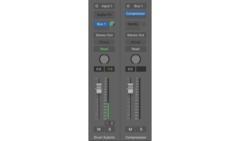 drum submix next to an auxiliary compression track