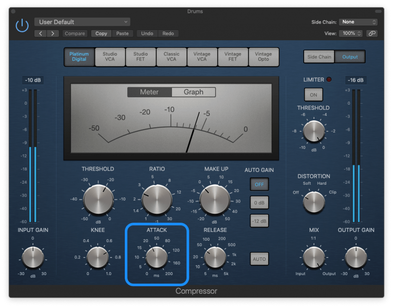 logic compressor with an attack time of 20 ms