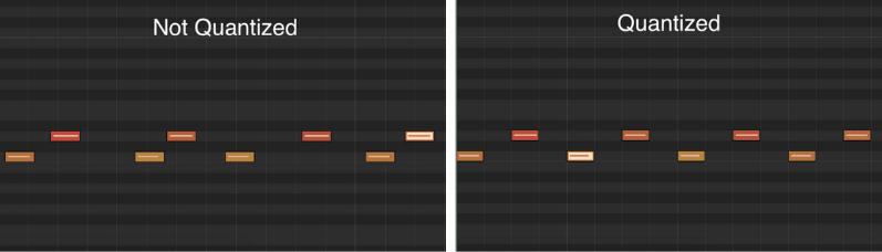 on the left, unquantized midi notes. on the right, quantized notes