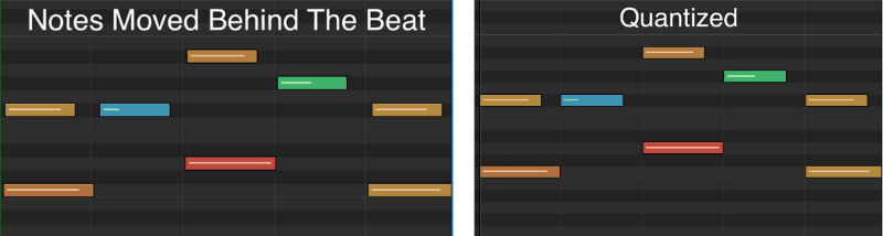on the left, notes moved behind the beat. on the right, quantized midi notes