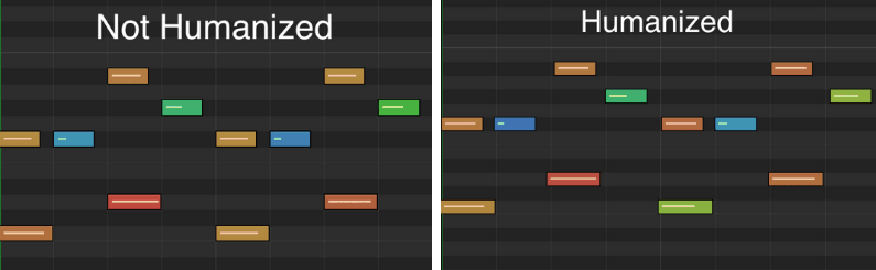 on the left, midi notes that aren't humanized. on the right, humanized notes
