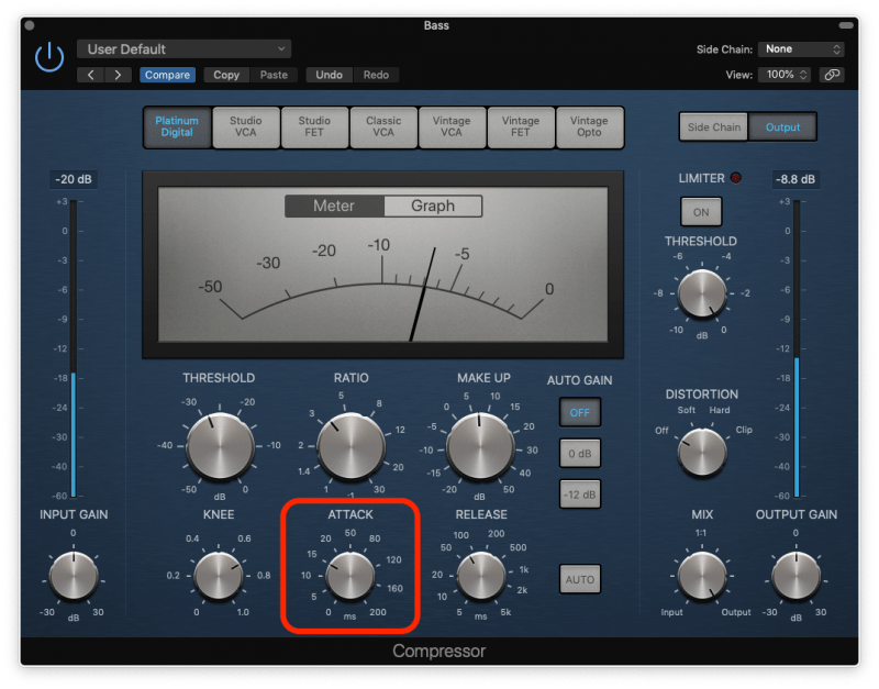 bass compression with medium attack time