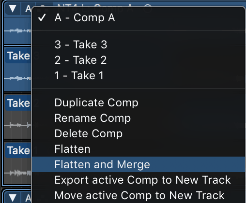 selecting flatten and merge in the take comping menu