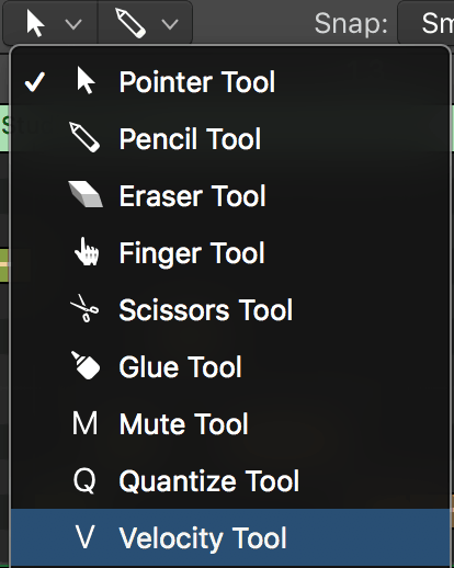 velocity tool in the midi editor window