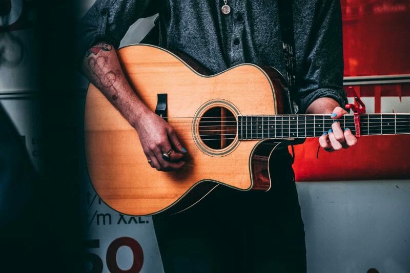 playing chords on an acoustic guitar