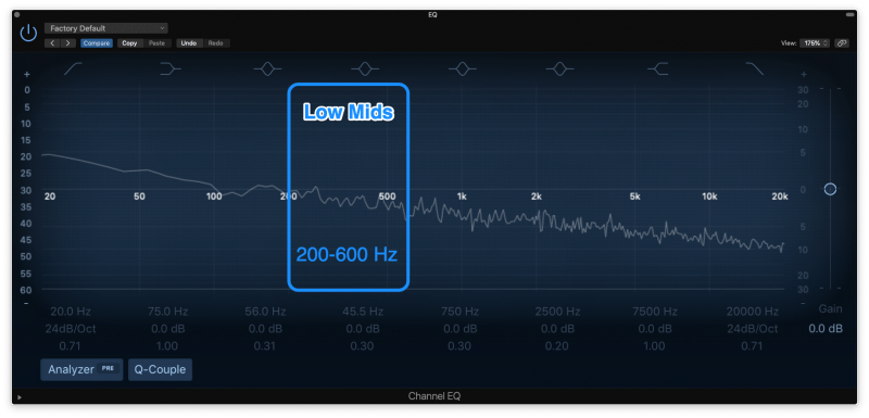 low mid frequencies highlighted on an eq