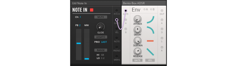 midi note in module sending gate info to the envelope