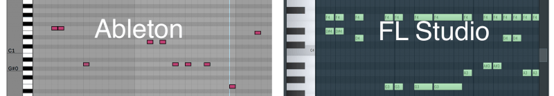 ableton's piano roll side by side with fl studio's piano roll