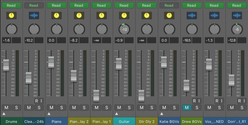 a full mix with volulme faders set at various positions