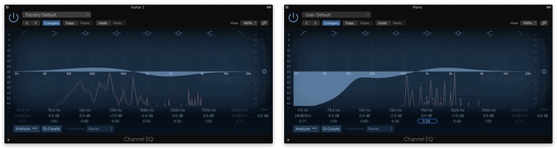 using eq to turn up the low mids of the guitar while turning down the high mids. Using another eq to do the opposite for the piano