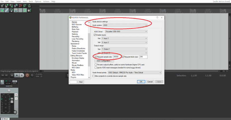 input and output settings with asio driver selected