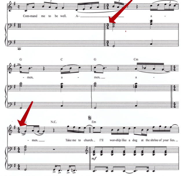 multiple time signatures in take me to church notation